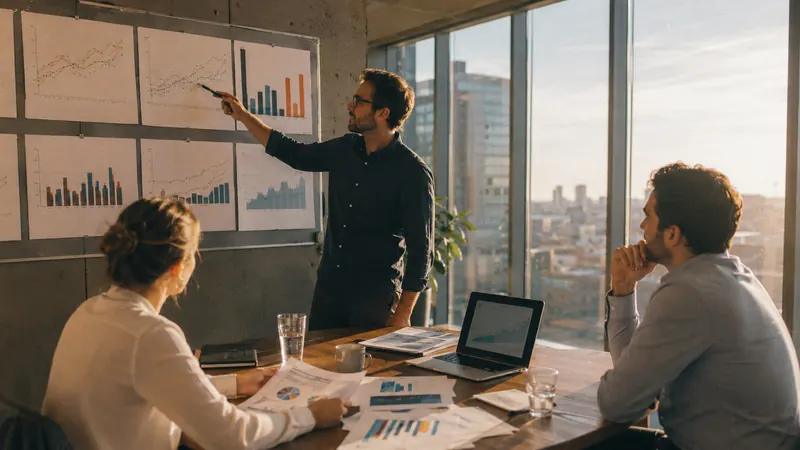 A man presents bar charts on a board to colleagues at a table by a city window