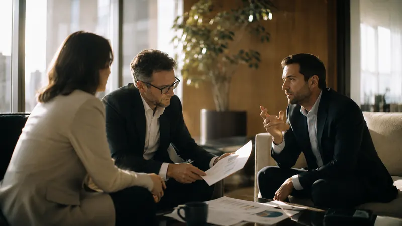 Two men and a woman discuss printed reports in an office lounge