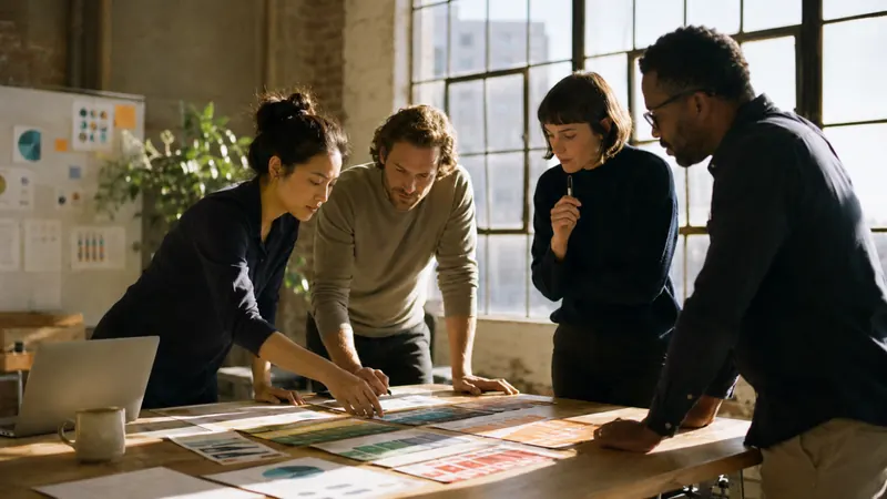 Four colleagues lean over printed charts spread across a table