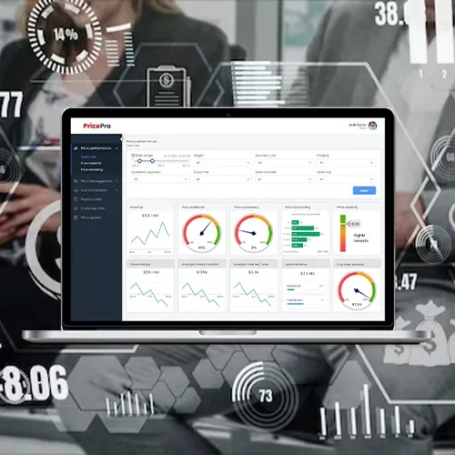 The PricePro dashboard on a laptop, with gauges and trend charts for pricing performance