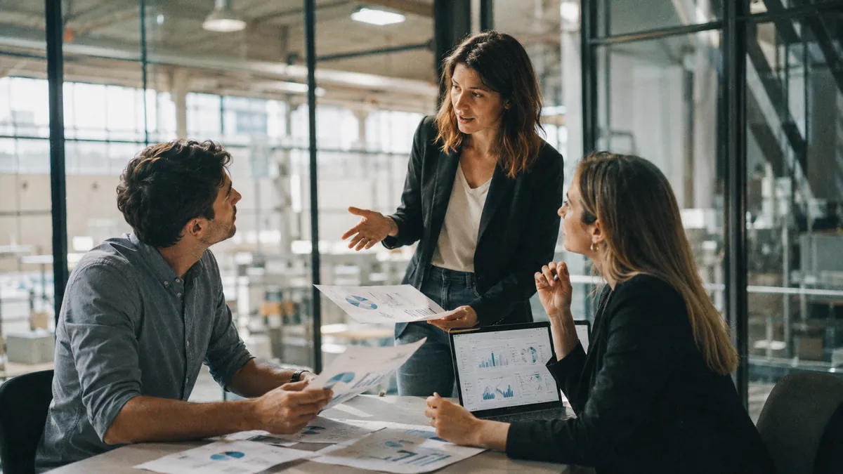 A woman stands and explains a point to two seated colleagues, with charts on a laptop and on paper