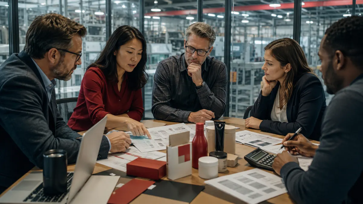 Five colleagues review printed charts around a round table